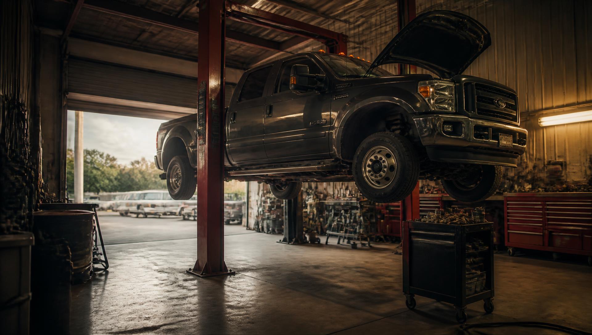 Diesel pickup truck raised on a lift inside the Steiner Auto & Diesel service bay in Prescott, Arizona
